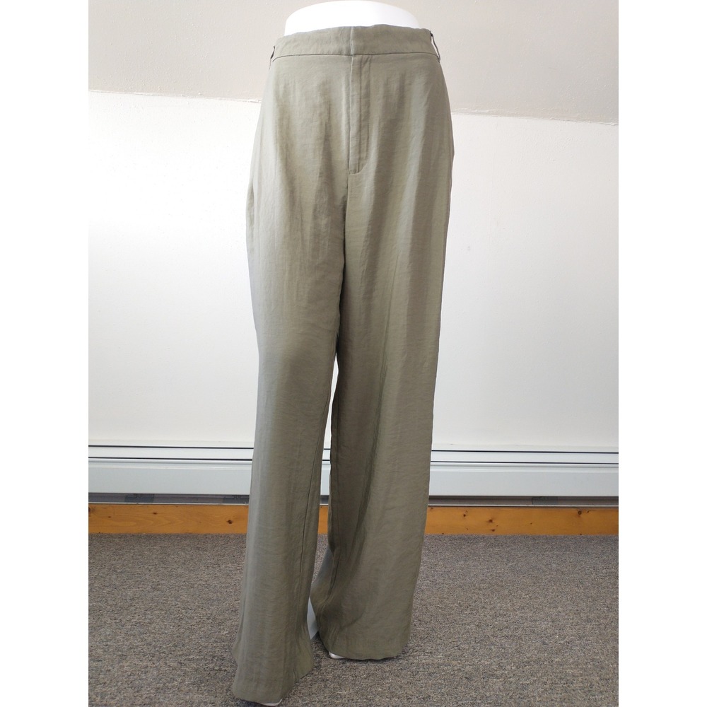 Zara Womens High Waisted Wide Leg Trousers Olive Green Modal Blend Size L